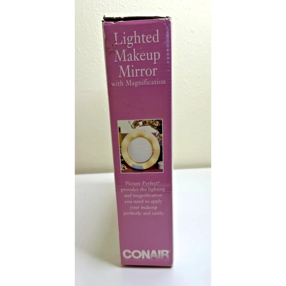 NEW Vtg Conair Lighted Makeup Mirror Round Two Sided 2000 Folds Stand